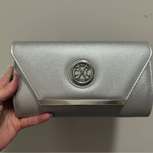 Christian Lacroix Silver Metallic Envelope Clutch with Emblem